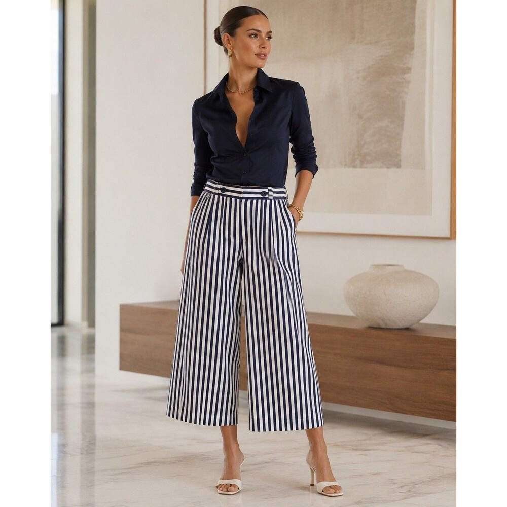 Ashley Navy White Striped Wide Leg Crop Pants Size 16 Pull On Nautical Coastal